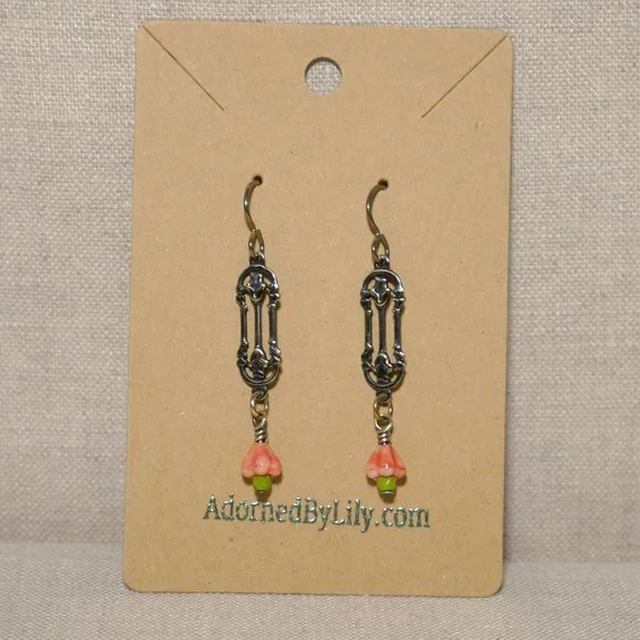 Hand Crafted Handmade Earrings Arts & Crafts Style Brass Coral Pink Bell… - Picture 2 of 4